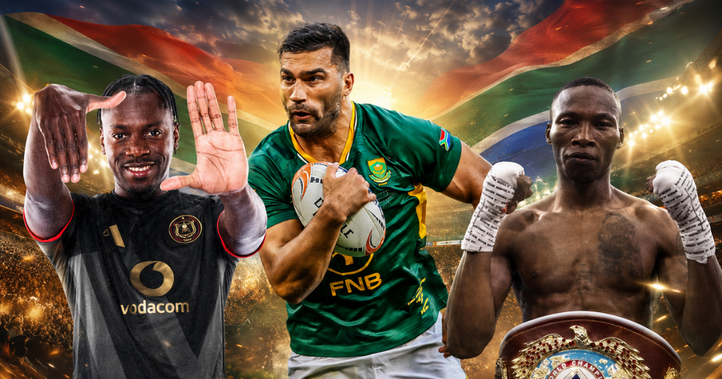 MTN8 Drama, Springboks Triumph and Tete Farewell (Graphic: SizaNazo365 | Images: Pirates, Springboks, WBO)