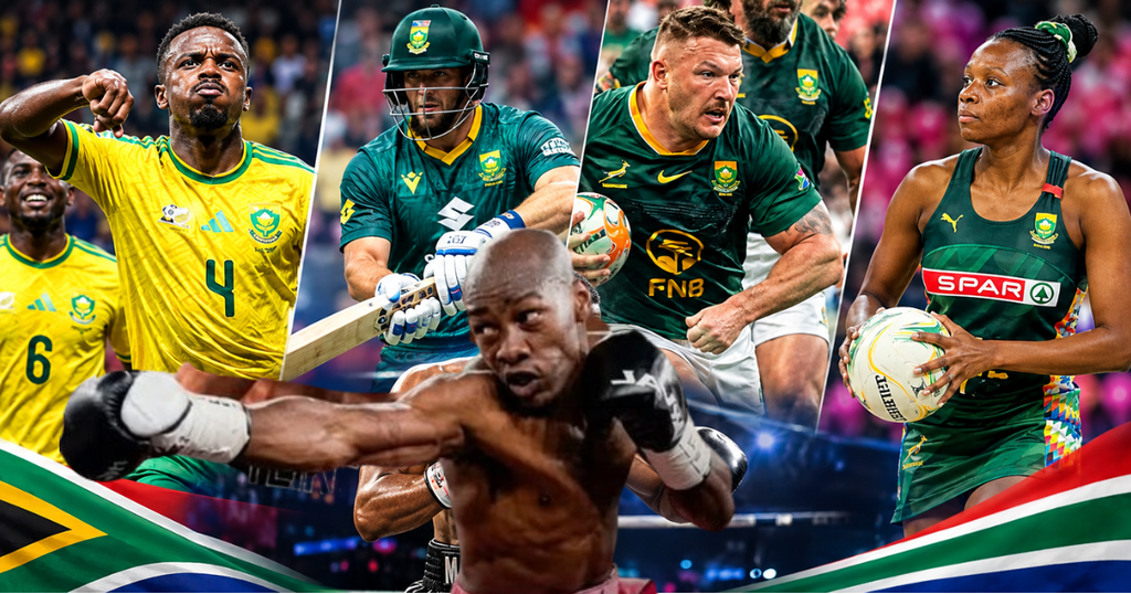 South Africa’s Big Sporting Weekend: Bafana, Proteas, Springboks and Proteas Eye Major Wins (Graphic: SizaNazo365 | Image: SAFA.net, SARU, NSA, CSA, WBC)